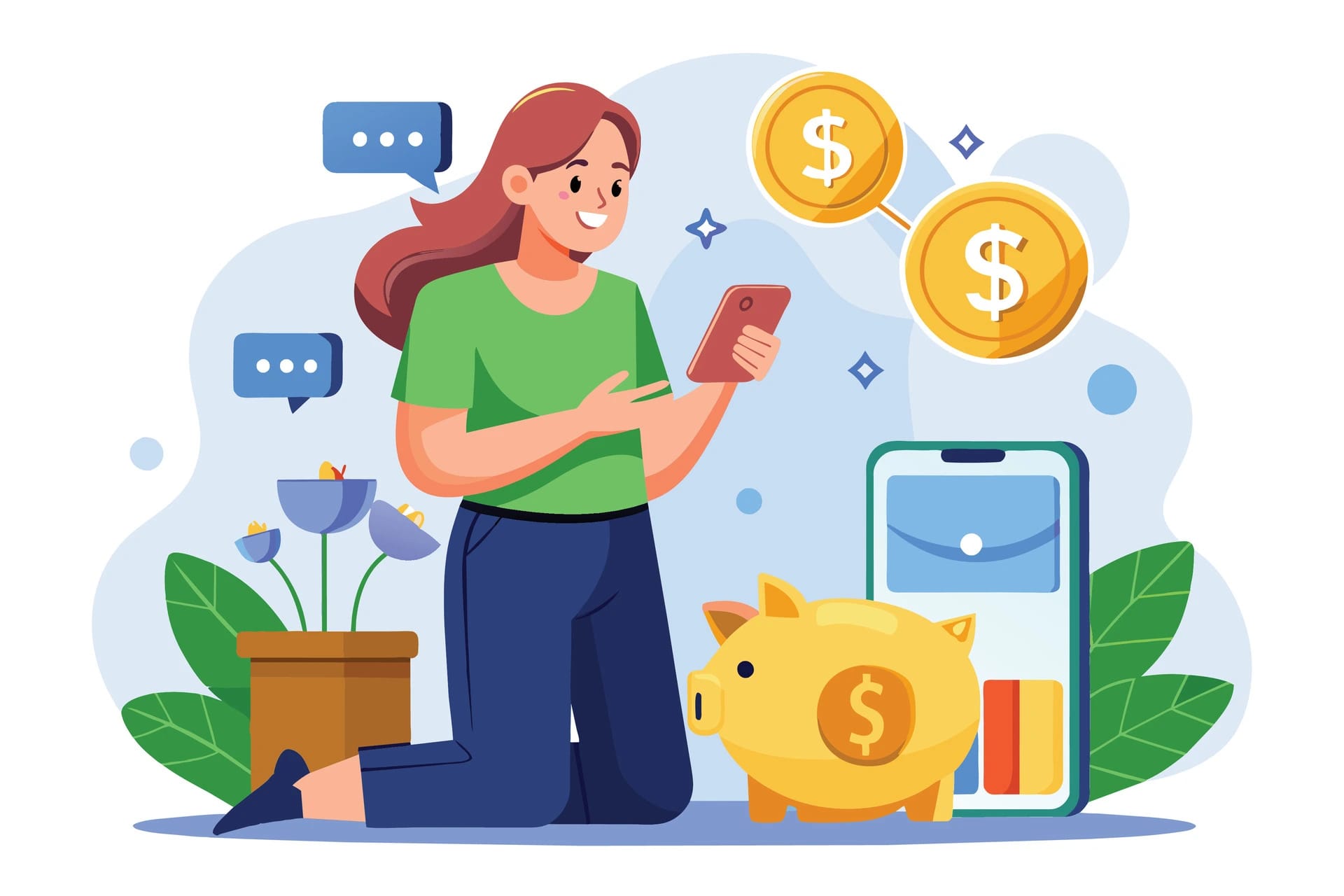 Woman managing finances on a phone with coins, a piggy bank, and a smartphone screen